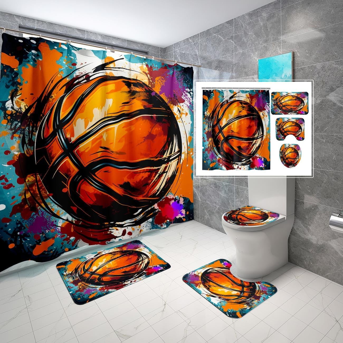 4PCS Boys Shower Curtain Set Basketball Sports Shower Curtain for