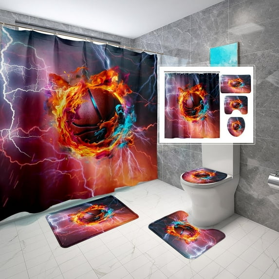 4Pcs Soccer Shower Curtain for Boys Bathroom Set - Boys Sports Shower Curtain Set with Bath Mat Toilet Lid Cover Football Shower Curtain with 12 Hooks Boys Bathroom Decor, 70" x 70"