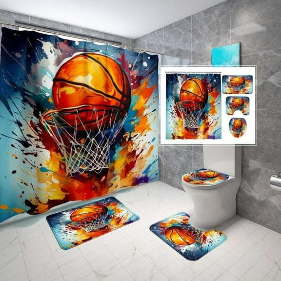 4Pcs Soccer Shower Curtain for Boys Bathroom Set - Boys Sports Shower Curtain Set with Bath Mat Toilet Lid Cover Football Shower Curtain with 12 Hooks Boys Bathroom Decor, 70" x 70"