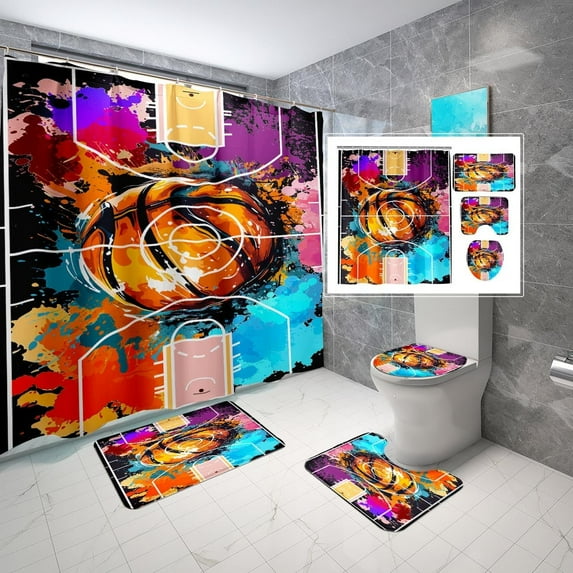 4PCS Boys Shower Curtain Set - Basketball Shower Curtain - Sports Shower Curtain Sets with Bath Rugs Toilet Lid Cover and 12 Hooks Basketball Bathroom Decor, Blue, 70" x 70"