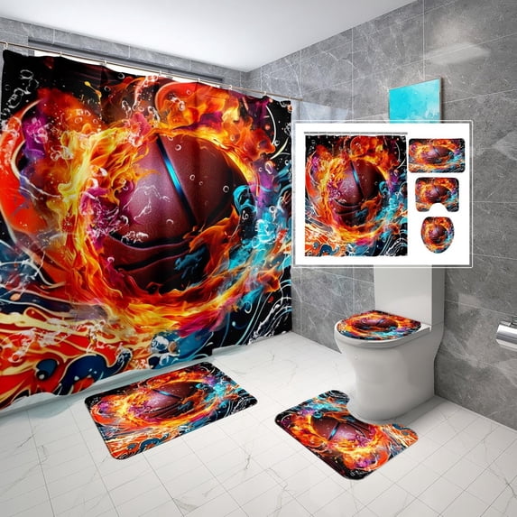 4Pcs Soccer Shower Curtain for Boys Bathroom Set - Boys Sports Shower Curtain Set with Bath Mat Toilet Lid Cover Football Shower Curtain with 12 Hooks Boys Bathroom Decor, 70" x 70"