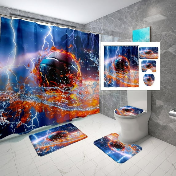 4Pcs Soccer Shower Curtain for Boys Bathroom Set - Boys Sports Shower Curtain Set with Bath Mat Toilet Lid Cover Football Shower Curtain with 12 Hooks Boys Bathroom Decor, 70" x 70"