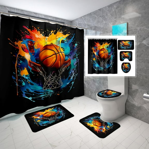 4PCS Boys Shower Curtain Set - Basketball Shower Curtain - Sports Shower Curtain Sets with Bath Rugs Toilet Lid Cover and 12 Hooks Basketball Bathroom Decor, Blue, 70" x 70"