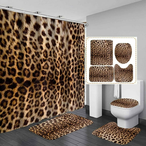 4PCS Brown Leopard Print Shower Curtain Set, Panthera Cheetah Print African Wild Safari Animal Skin Women Girls Bathroom Decor, Waterproof Fabric Shower Curtain Non-slip Bath Mat Toilet Rug
