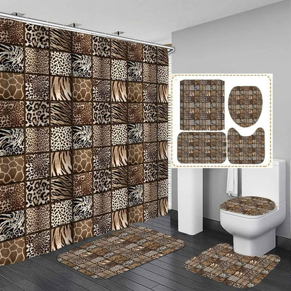 4PCS Leopard Print Shower Curtain Sets with Rugs, Cheetah Print Shower Curtain, Waterproof Fabric Purple Shower Curtain, American Wildlife Wild Animal Skin Safari Modern Women Bathroom Decor