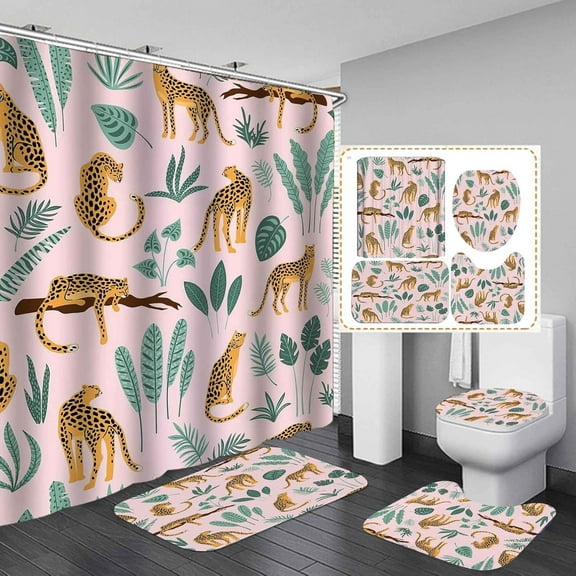 4PCS Brown Leopard Shower Curtain Set, Waterproof Fabric Pink Shower Curtain, Non-Slip Bath Mat Bathroom Rugs, Cheetah Jaguar Panthera Safari Wildlife African Jungle Wild Animal Bathroom Decor
