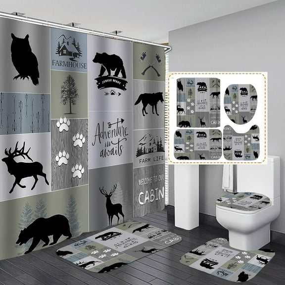 4PCS Bull Skull Shower Curtain Sets, Vintage Wagon Wheel Cow Skull Man Cave Hunting Lodge Cabin Western Country Barn Rustic Farmhouse Bathroom Decor, Non-Slip Bath Mat Rug, Longhorn Skull