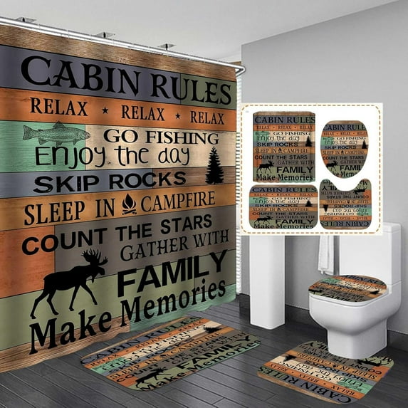4PCS Bull Skull Shower Curtain Sets, Vintage Wagon Wheel Cow Skull Man Cave Hunting Lodge Cabin Western Country Barn Rustic Farmhouse Bathroom Decor, Non-Slip Bath Mat Rug, Longhorn Skull
