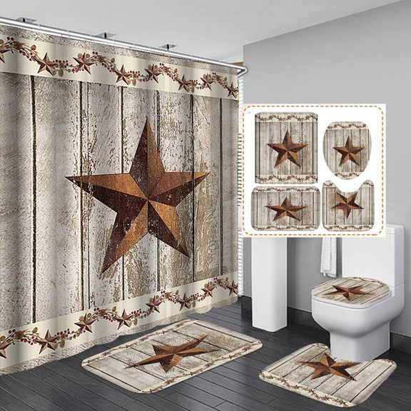 4PCS Burgundy Buffalo Plaid Shower Curtain Sets with Rugs, Waterproof Fabric Beige Shower Curtain, Red Berry Texas Star Primitive French Country Rustic Farmhouse Bathroom Decor, Check Pattern