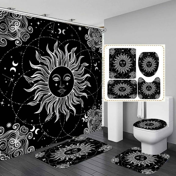 4PCS Burning Sun Shower Curtain Sets With Rugs, Waterproof Fabric Yellow Shower Curtain, Celestial Galaxy Constellation Astrology Floral Flower Plant Leaves Hippie Boho Bohemian Bathroom Decor