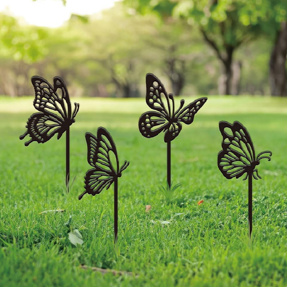 4PCS Butterfly Garden Decor Butterfly Metal Outdoor Plaque Ornament Black Silhouette Outdoor Decor Metal Courtyard Lawn Patio Yard Decorative Art Gifts Colorful