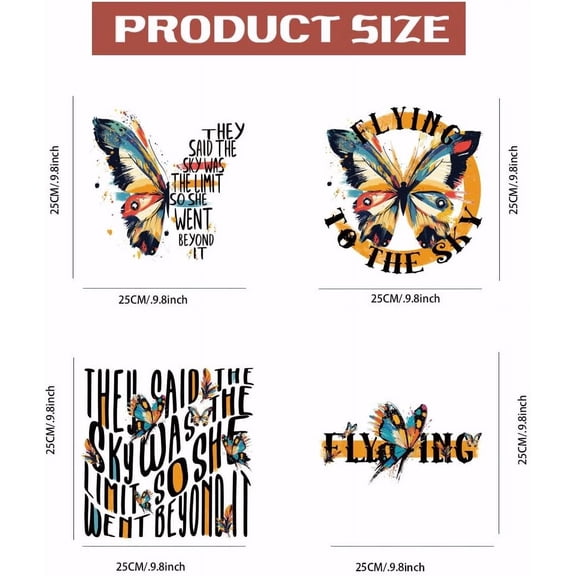 4PCS Butterfly Iron On Transfer Inspiration Quotes Heat Transfer Stickers DIY Iron On Decals Washable Heat Transfers Paper for Clothing T-Shirt Backpacks Bag Pillow Decor Applique