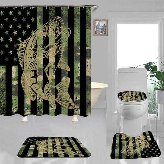 4PCS Cabin Bass Fish Shower Curtain Sets with Rugs, Waterproof Fabric Shower Curtain, Country Lodge Lake Hunting Camping Mountain Forest Rustic Farmhouse Bathroom Decor, Fishing Gifts for Men