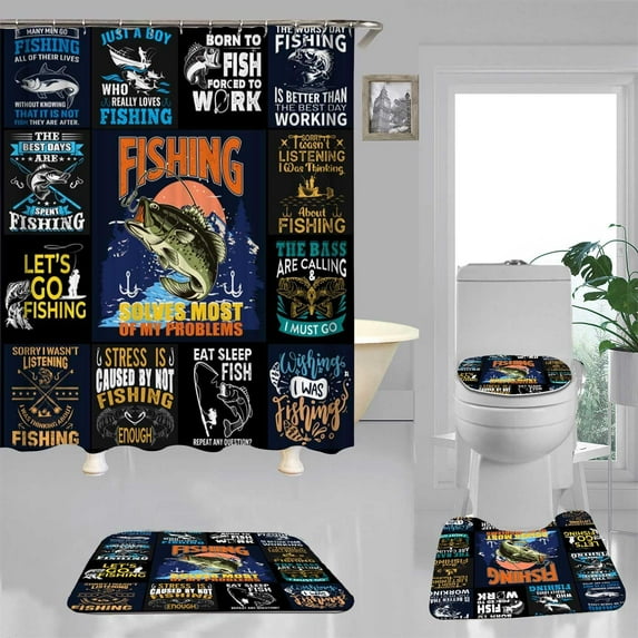 4PCS Cabin Bass Fish Shower Curtain Sets with Rugs, Waterproof Fabric Shower Curtain, Country Lodge Lake Hunting Camping Mountain Forest Rustic Farmhouse Bathroom Decor, Fishing Gifts for Men