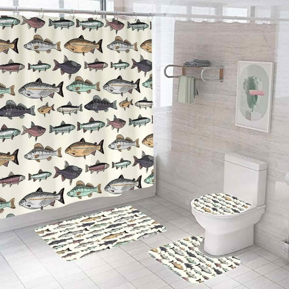 4PCS Cabin Bass Fish Shower Curtain Sets with Rugs, Waterproof Fabric Shower Curtain, Country Lodge Lake Hunting Camping Mountain Forest Rustic Farmhouse Bathroom Decor, Fishing Gifts for Men