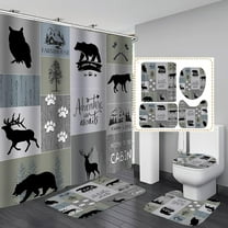 4PCS Cabin Black Bear Shower Curtain Set, Mountain River Country Pine Tree Forest Moose Deer Elk Mallard Duck Wild Animal Hunting Lodge Rustic Farmhouse Bathroom Decor, Non-Slip Bath Mat