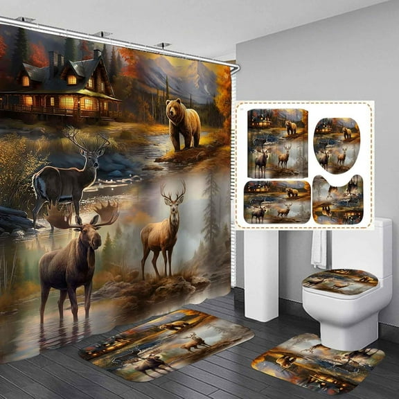 4PCS Cabin Shower Curtain Set, Bear Deer Elk Moose Woodland Animal Hunting Lodge Patchwork Red Black Buffalo Plaid Christmas Country Rustic Farmhouse Bathroom Decor, Non-Slip Bath Mat