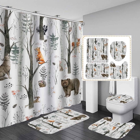 4PCS Cabin Shower Curtain Set, Bear Deer Elk Moose Woodland Animal Hunting Lodge Patchwork Red Black Buffalo Plaid Christmas Country Rustic Farmhouse Bathroom Decor, Non-Slip Bath Mat
