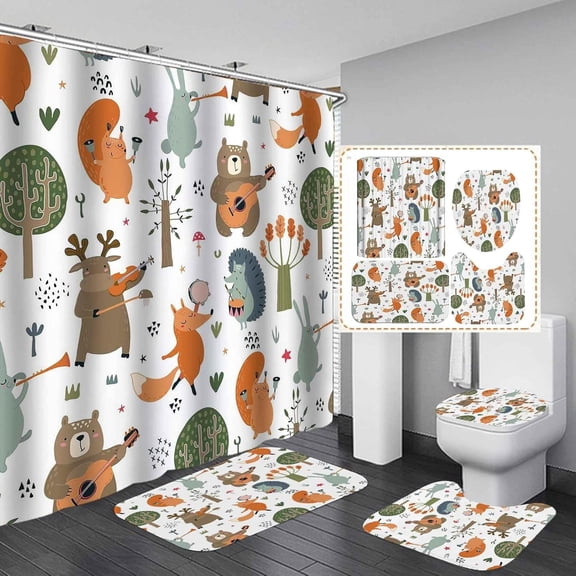 4PCS Cabin Shower Curtain Set, Black Bear Forest Woodland Animal Wildlife Hunting Lodge Red and Black Buffalo Plaid Christmas Country Rustic Farmhouse Bathroom Decor, Non-slip Bath Mat