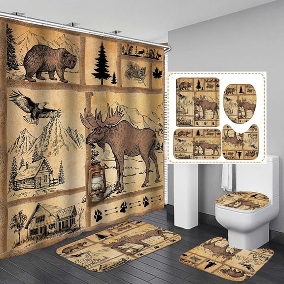 4PCS Cabin Shower Curtain Set, Camo Country Fall Leaves Pine Tree Forest Mallard Duck Turkey Fishing Bear Deer Elk Moose Animals Hunting Rustic Farmhouse Bathroom Decor, Non-slip Bath Mat