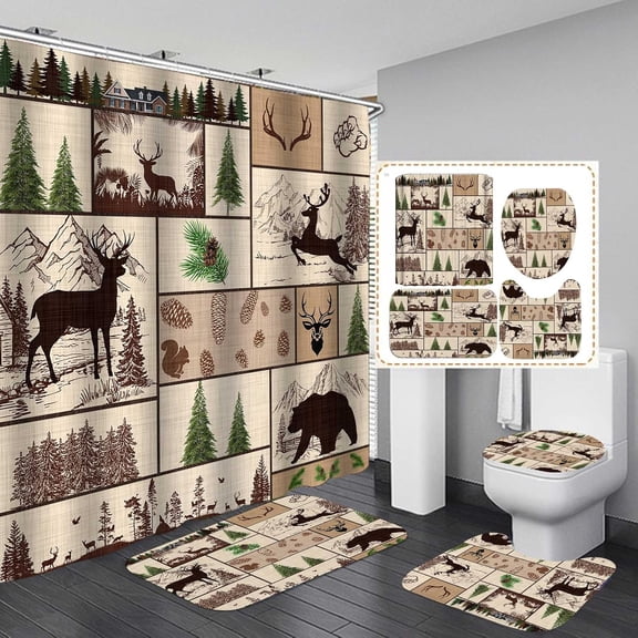 4PCS Cabin Shower Curtain Set, Camo Country Fall Leaves Pine Tree Forest Mallard Duck Turkey Fishing Bear Deer Elk Moose Animals Hunting Rustic Farmhouse Bathroom Decor, Non-slip Bath Mat