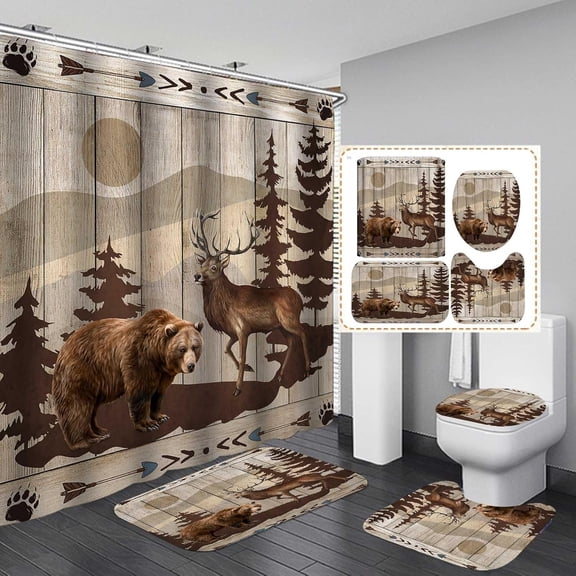 4PCS Cabin Shower Curtain Set, Camo Country Fall Leaves Pine Tree Forest Mallard Duck Turkey Fishing Bear Deer Elk Moose Animals Hunting Rustic Farmhouse Bathroom Decor, Non-slip Bath Mat