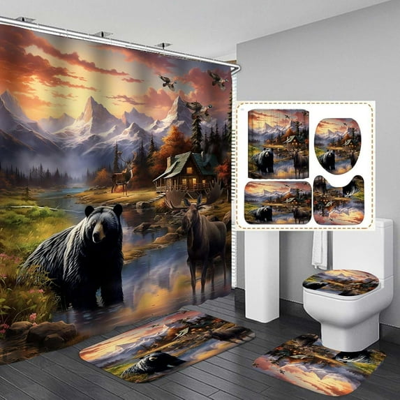 4PCS Cabin Shower Curtain Set, Country Western Texas Star Pine Tree Woodland Black Deer Elk Moose Wildlife Animal Hunting Rustic Farmhouse Bathroom Decor, Non-slip Bath Mat, Crescent Moon