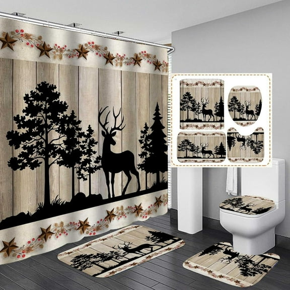 4PCS Cabin Shower Curtain Set, Country Western Texas Star Pine Tree Woodland Black Deer Elk Moose Wildlife Animal Hunting Rustic Farmhouse Bathroom Decor, Non-slip Bath Mat, Crescent Moon