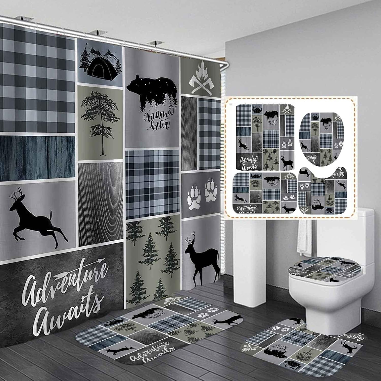 4PCS Cabin Shower Curtain Set, Vintage Patchwork Brown Buffalo Plaid