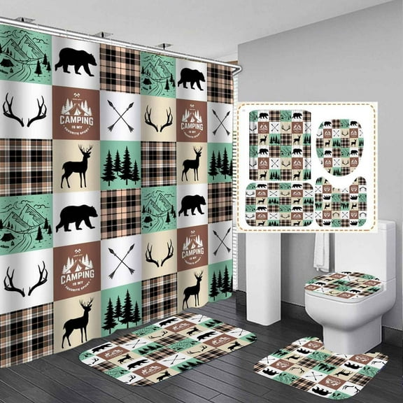 4PCS Cabin Shower Curtain Sets with Rugs, Green Brown Plaid Black Bear Deer Elk Moose Woodland Animals Hunting Lodge Country Rustic Farmhouse Bathroom Decor, Waterproof Fabric Shower Curtain