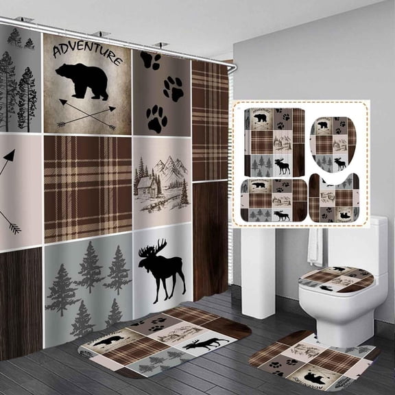 4PCS Cabin Shower Curtain Sets with Rugs, Red Black Buffalo Plaid Patchwork Black Bear Deer Moose Woodland Wildlife Vintage Brown Hunting Camping Lodge Country Rustic Farmhouse Bathroom Decor