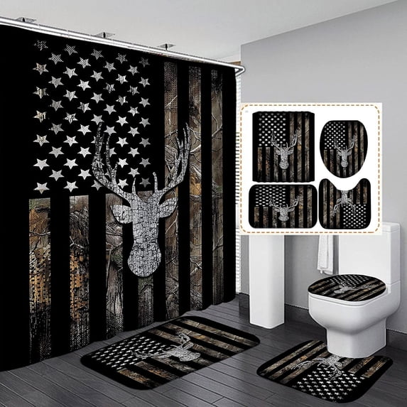 4PCS Camo Shower Curtain Set, Vintage Black and White American Flag Woodland Elk Moose Bear Wildlife Animal Hunting Lodge Rustic Cabin Country Bathroom Decor, Non-slip Bath Mat, Deer Head