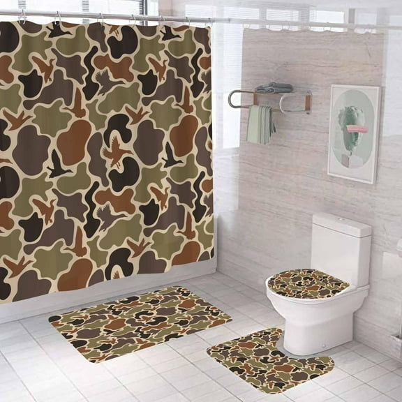 4PCS Camo Shower Curtain Sets With Rugs, Waterproof Fabric Black Orange Shower Curtain, Forest Woodland Wildlife Wild Animal Mallard Duck Hunting Country Rustic Green Camouflage Bathroom Decor