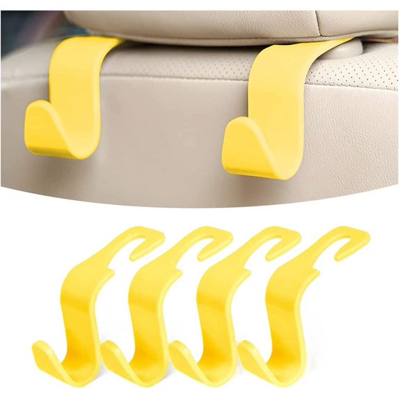 4PCS Car Back Seat Headrest Hooks, Rear Car Seat Storage Headrest Hanger Holder Hooks Organizer, Universal Auto Interior Accessories for Bag Purse Handbag Cloth Coats Grocery (Yellow)