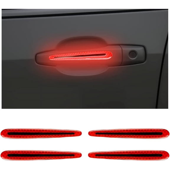 4PCS Car Door Handle Protector Reflective Stickers, 3D Car Door Handle Cup Scratches Protective Films, Night Visibility Safety Warning Decal, Door Bowl Cover Guard Strips for Most Cars (Red)