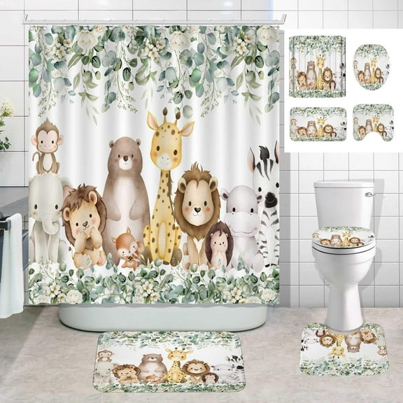 4PCS Cartoon Animal Shower Curtain Sets With Rugs, Waterproof Fabric White Shower Curtain Giraffe Elephant Lion Safari Bear Jungle Wildlife Watercolor Green Eucalyptus Leaf Kids Bathroom Decor