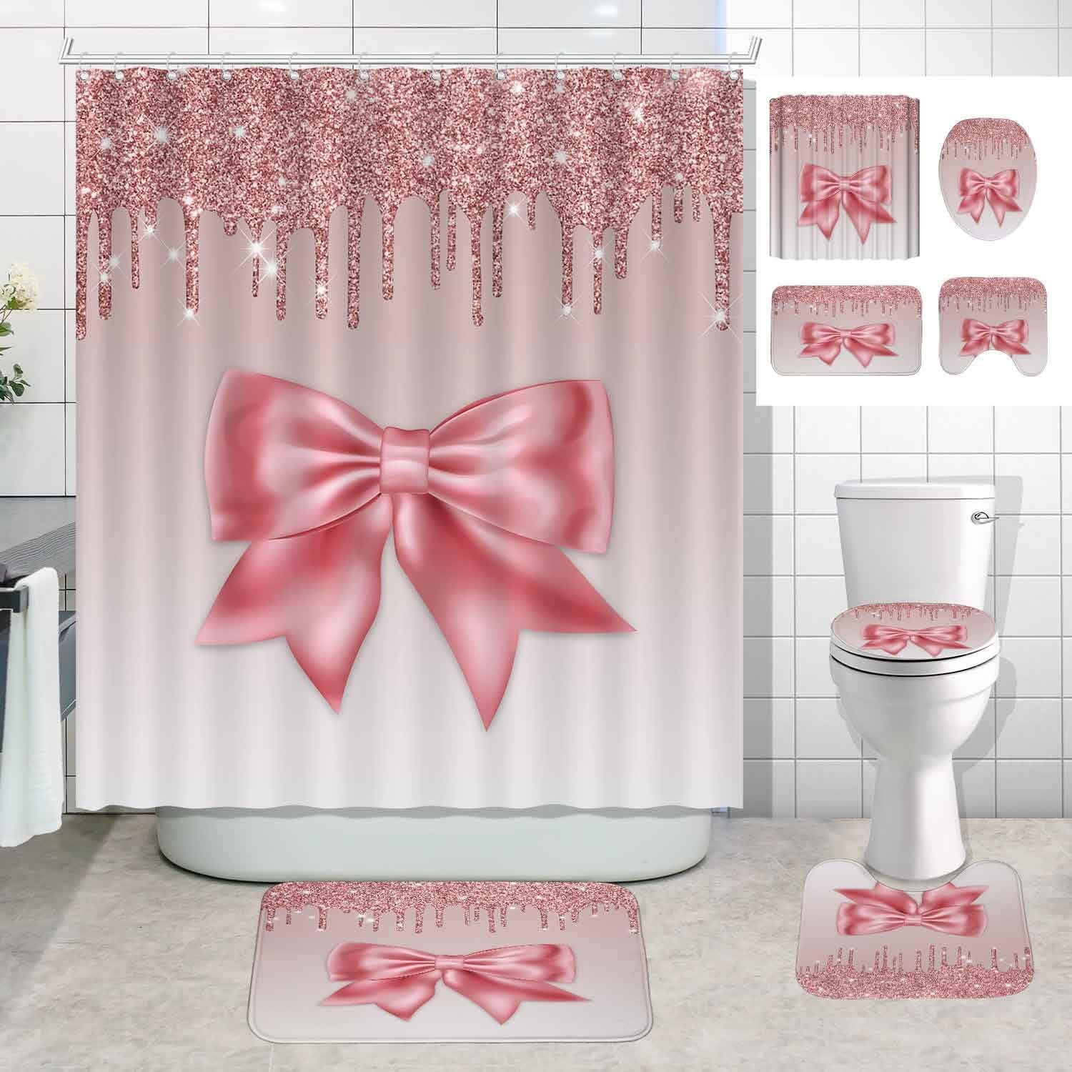 4PCS Cartoon Black Unicorn Shower Curtain Set, Inspirational Rainbow African American Black Girl Kids Bathroom Decor, Waterproof Fabric Pink Shower Curtain, Non-slip Bath Mat, Unicorn Gifts