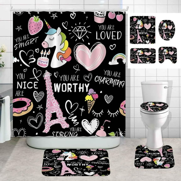 4PCS Cartoon Black Unicorn Shower Curtain Set, Inspirational Rainbow African American Black Girl Kids Bathroom Decor, Waterproof Fabric Pink Shower Curtain, Non-slip Bath Mat, Unicorn Gifts
