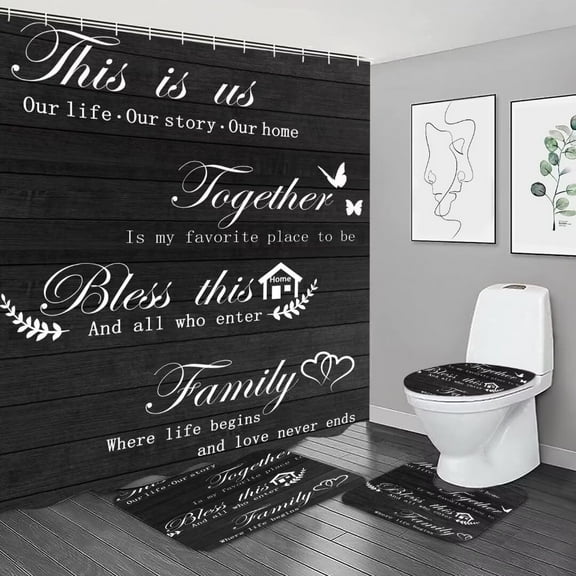 4PCS Cartoon Ocean and Creature Shower Curtain Set with Non-Slip Rugs,Toilet Lid Cover and Bath Mat,Bathroom Shower Decor Accessory Set