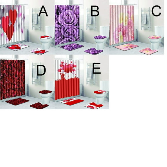 4PCS Cartoon Red Flower and Heart Shower Curtain Set with Non-Slip Rugs,Toilet Lid Cover and Bath Mat,Bathroom Shower Decor Accessory Set