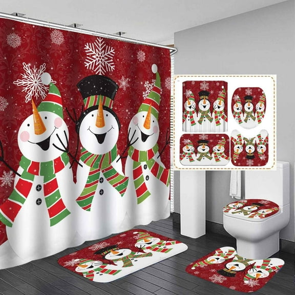 4PCS Cartoon Snowman Christmas Shower Curtain Set, Waterproof Fabric Red Shower Curtain, Non-Slip Bath Mat Bathroom Rugs, Snowflake Winter Xmas New Year Holiday Girls Boys Kids Bathroom Decor