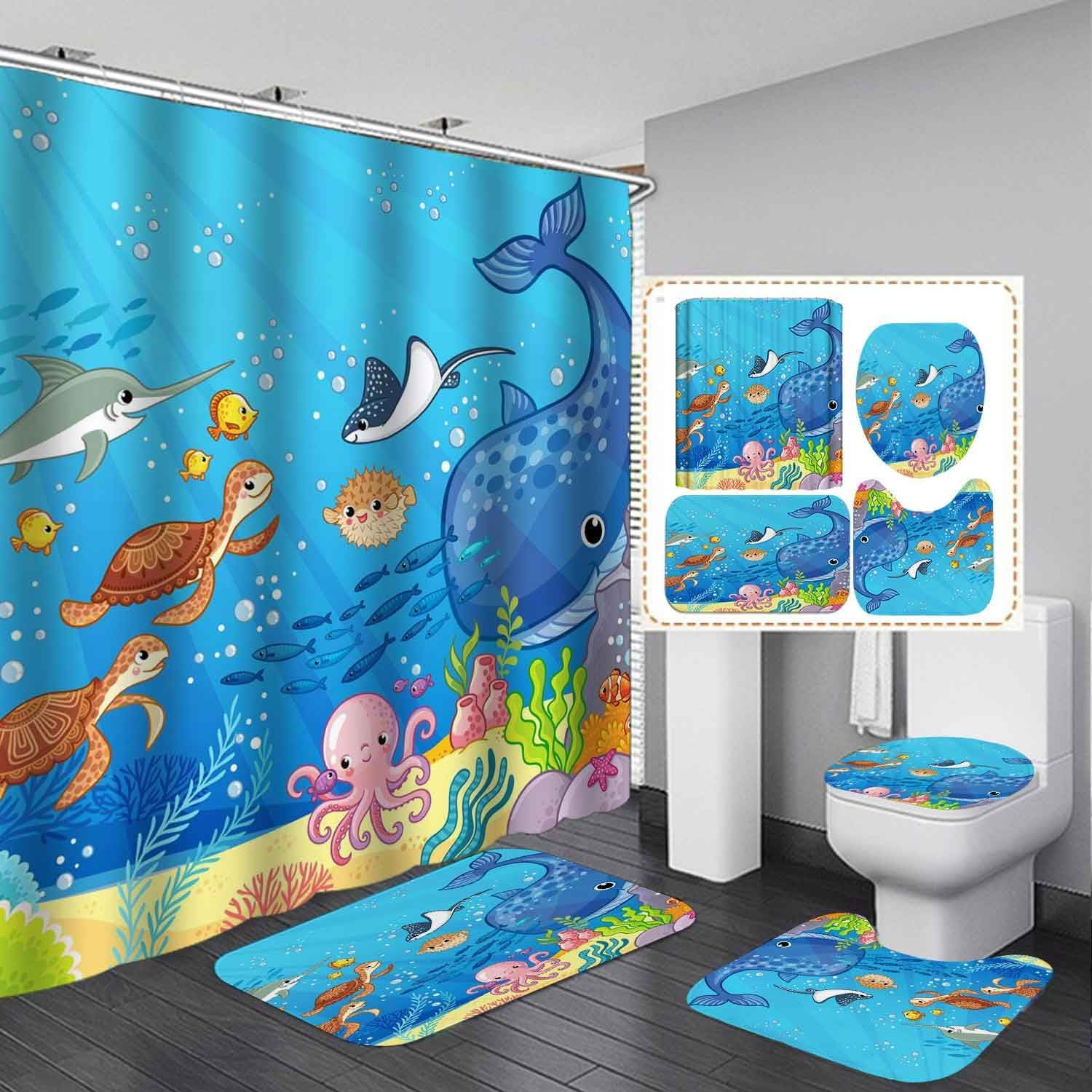 4PCS Cartoon Whale Dolphin Kids Shower Curtain Sets with Rugs