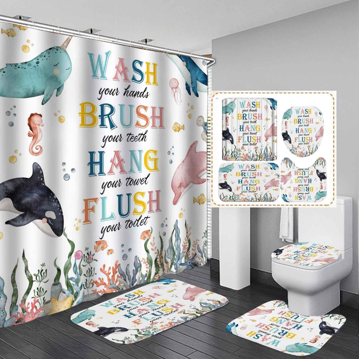 4PCS Cartoon Whale Dolphin Kids Shower Curtain Sets with Rugs