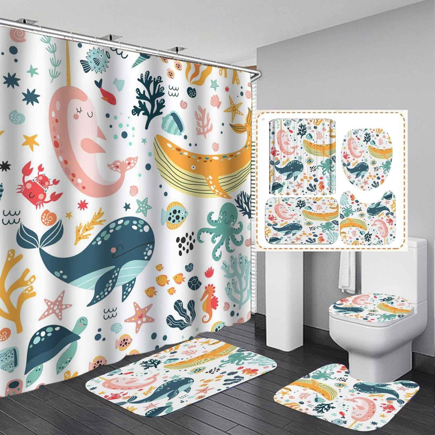 4PCS Cartoon Whale Dolphin Kids Shower Curtain Sets with Rugs
