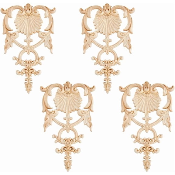 4PCS Carved Wood Appliques Onlays Wooden DIY Applique and Onlays Unpainted Wooden Onlay Wood Carving Appliques for DIY Furniture Cabinet Dresser Bed Wall