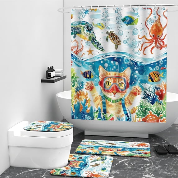 4PCS Cat Shower Curtain Set for Bathroom with 12 Hooks for Bathroom Sets Decor, Non-Slip Cat Rugs and Toilet Mat Lid Rug, Durable Waterproof for Bathroom Cat Decor 72x72 Inch