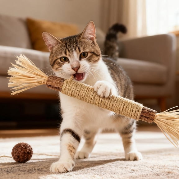 4PCS Cat Teeth Chew Stick - Brown Wooden Silver Rattan 22cm Toy for Cat Chewing Instinct & Dental Care