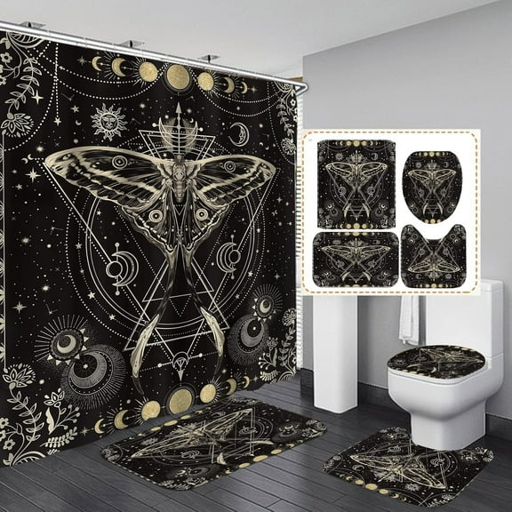4PCS Celestial Black Shower Curtain Set, Rose Gold Glitter Crescent Sun and Moon Phase Star Galaxy Constellation Astrology Zodiac Tarot Witch Boho Aesthetic Bathroom Decor, Bath Mat Toilet Rug