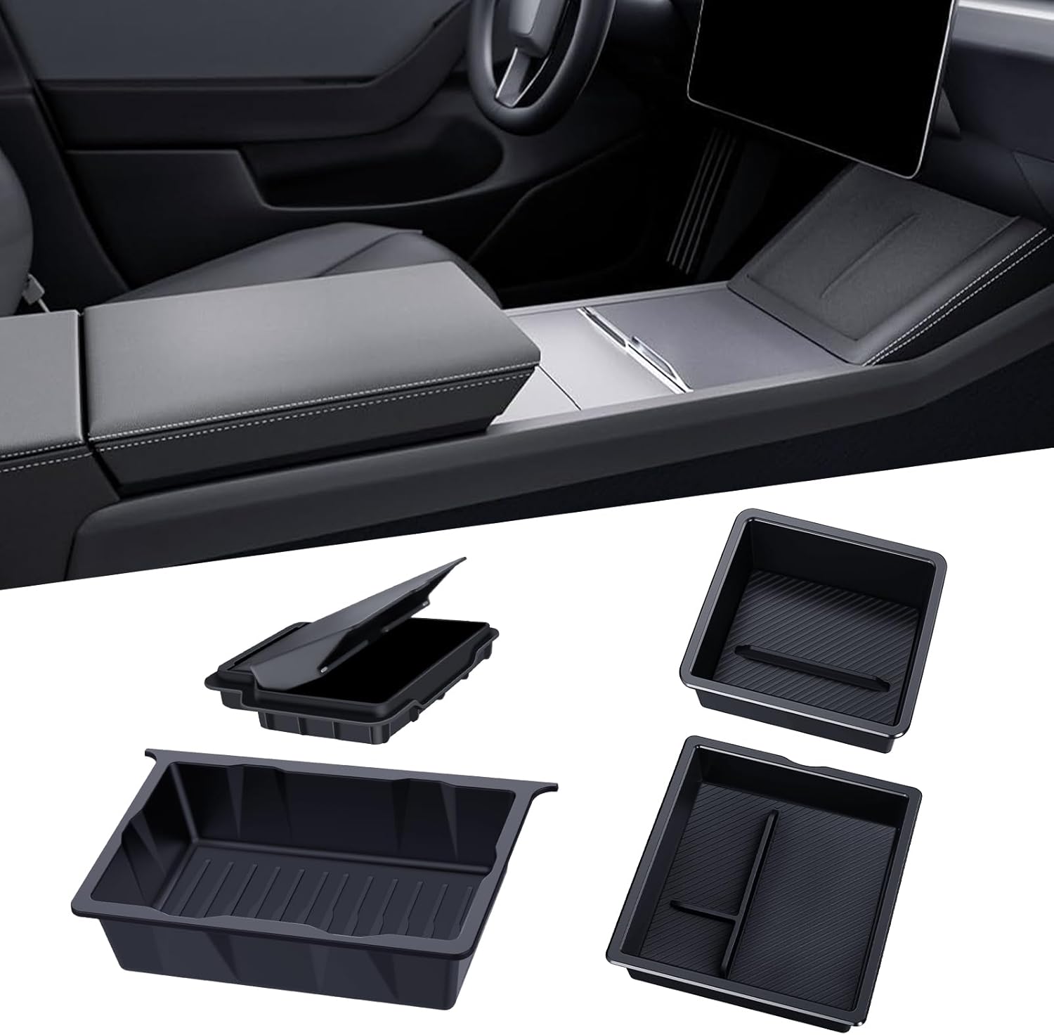 4PCS Center Console Organizer Tray for Tesla Model Y Juniper Accessories 2025, Center Console Storage Tray Armrest Hidden Box Orgainzer and Underseat Storage Tray for New Model Y