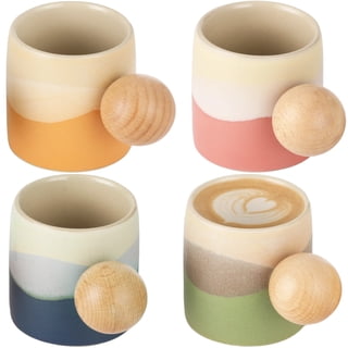 4PCS Ceramic Espresso Cups, 2.4oz Demitasse Coffee Cup with Wooden Ball Handle, Gradient Color Small Coffee Mug Set, Ceramic Tea Cups with Present Box Packaging